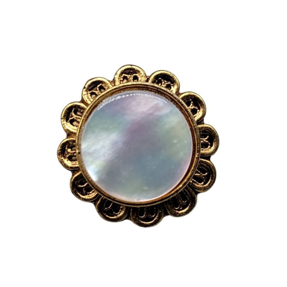 Tacos Mother of Pearl Brooch Vintage Gols Plated Flower Framed Multicolor Hue